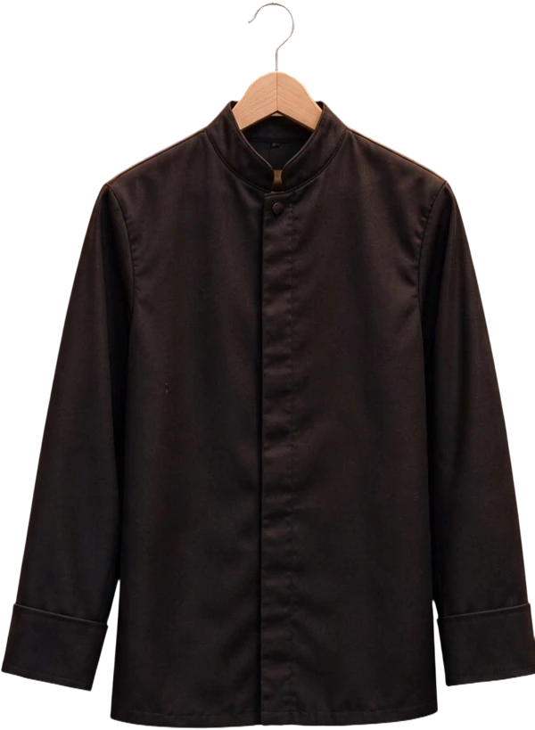 Black chef jacket on a wooden hanger
