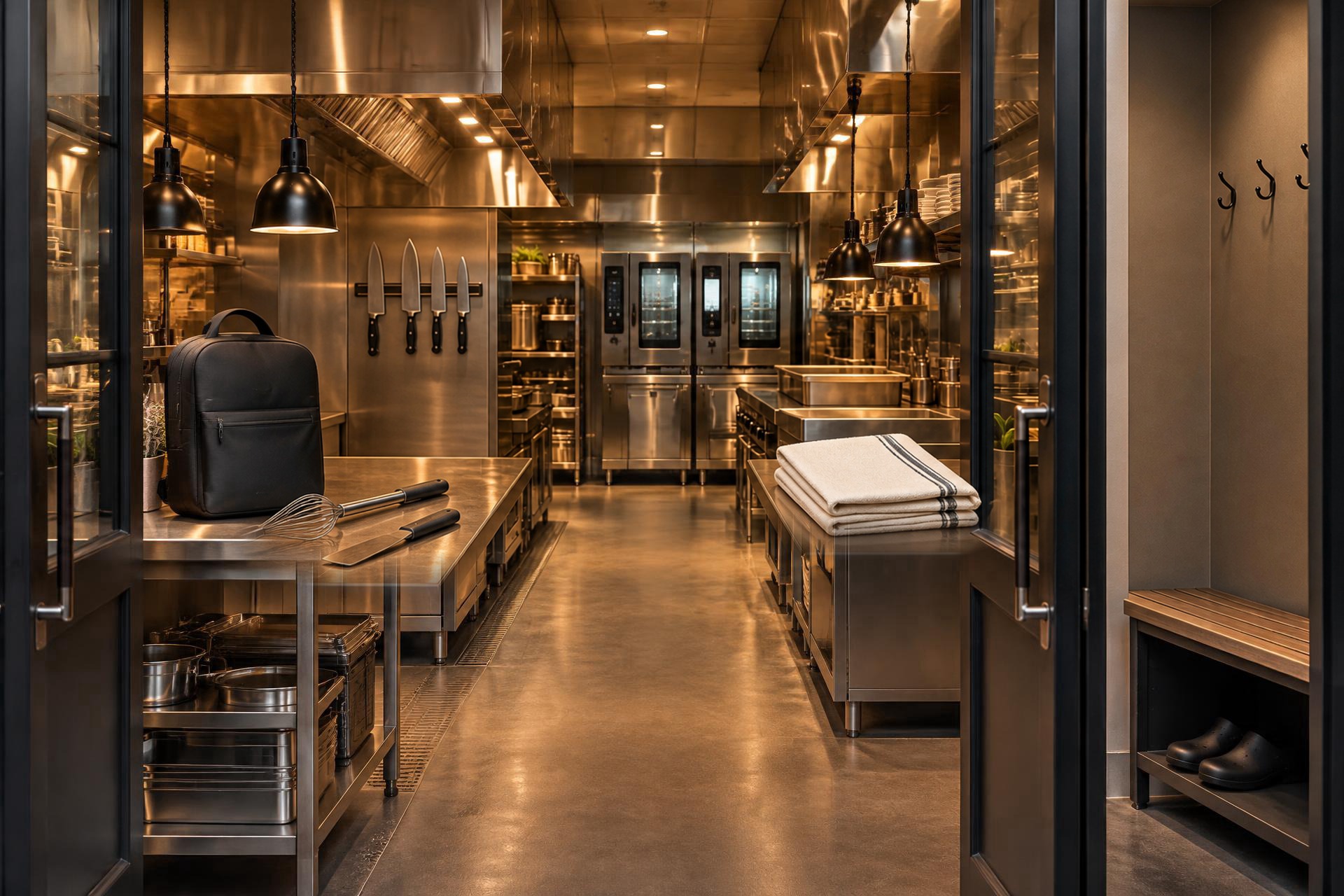 Warm professional restaurant kitchen viewed through an open doorway